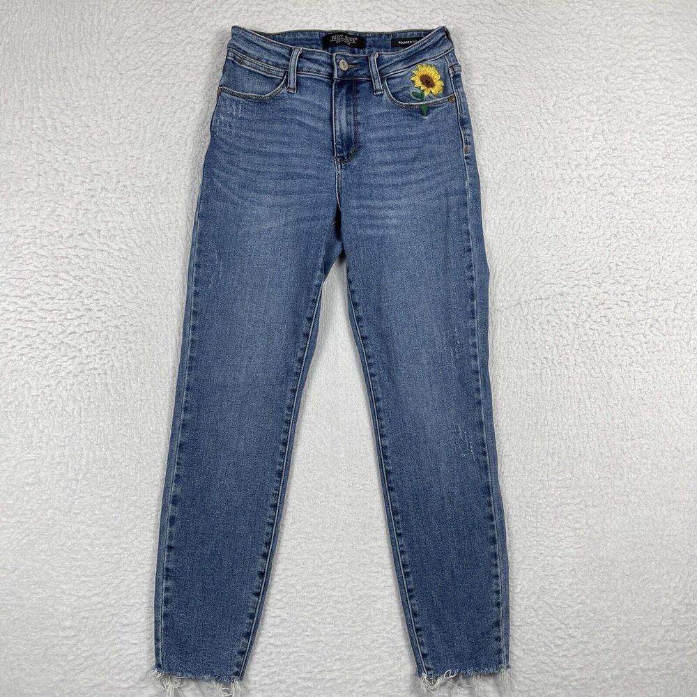Judy Blue Jeans Womens 1/25 Blue Denim Sunflower Embroidered Flower Hippie Boho